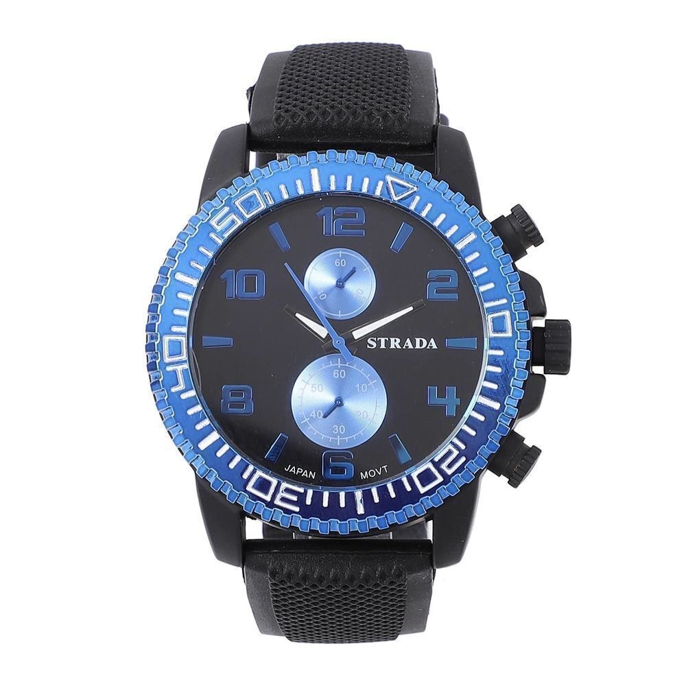 STRADA Watch with Black, Blue False Chronograph Dial and Black Silicone Strap